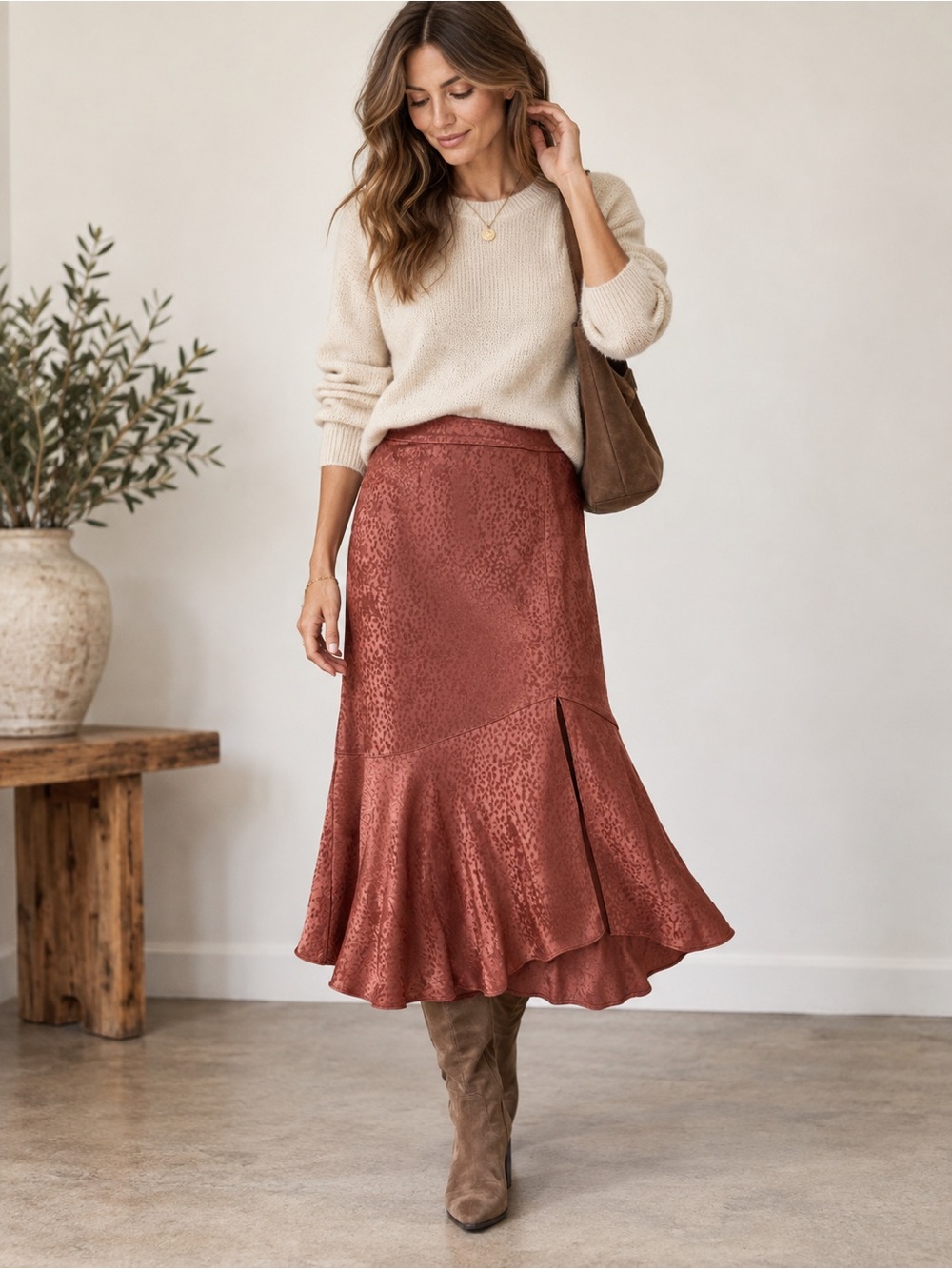 Madewell Bias Cut Cheetah Jacquard Midi Skirt Muted Rust Satin Size 4, like new